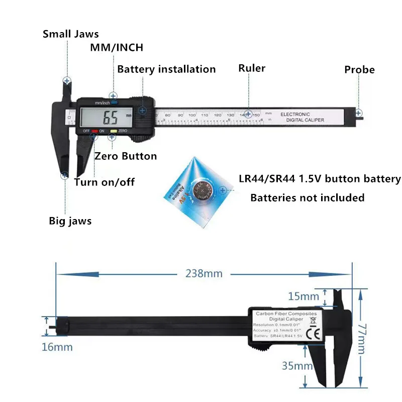 Calibrador Digital electrónico de fibra de carbono, calibrador Vernier, micrómetro, herramienta de medición, regla Digital, 150mm, 100mm