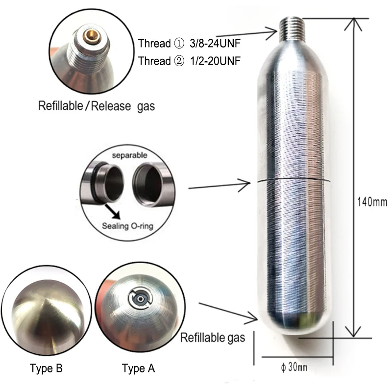 Cartucho de Co2 de acero inoxidable 304, 45g, cilindro recargable para accesorios de cocina, Bar, barril de cerveza, chaleco salvavidas de café, Airbag