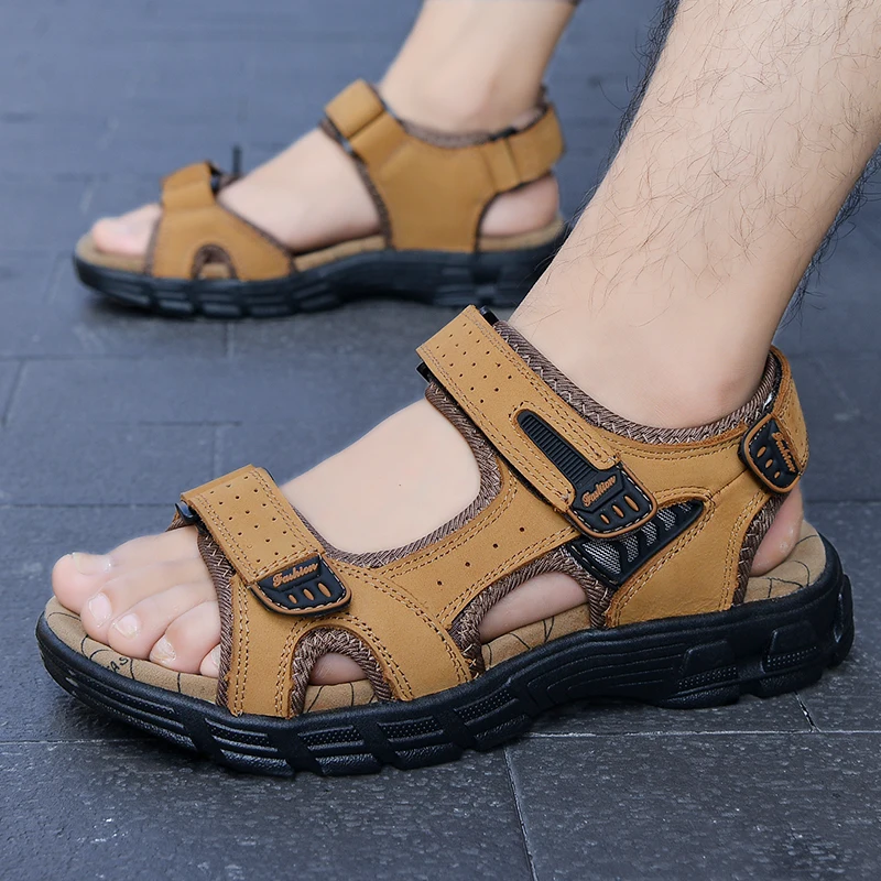 Sandalias clásicas de marca para hombre, sandalias de cuero genuino de verano para hombre, sandalias ligeras informales para exteriores, zapatillas de deporte a la moda para hombre, talla 38-46