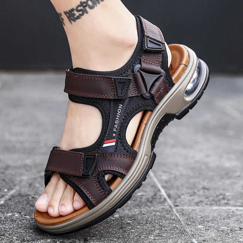 Sandalias de moda para hombre, chanclas de playa suaves de verano, cómodas sandalias de cuero genuino, sandalias romanas para hombre al aire libre, talla 46 Sandalias de moda para hombre, chanclas de playa suaves de verano, cómodas sandalias de cuero genuino, sandalias romanas para hombre al aire libre, talla 46