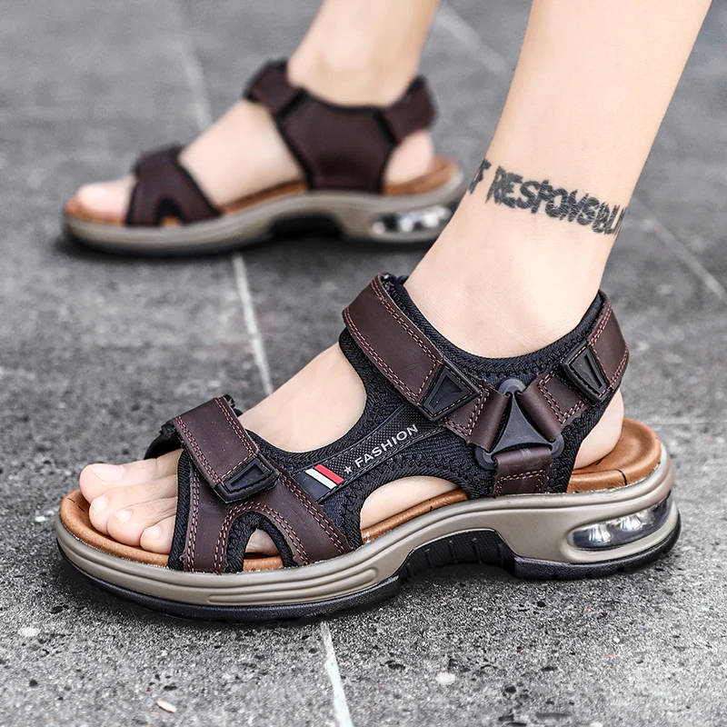 Men handmade leather air cushioned sandals flat sandals fashion men's suitable for beach vacation summer brown non-slip sandals Men handmade leather air cushioned sandals flat sandals fashion men's suitable for beach vacation summer brown non-slip sandals