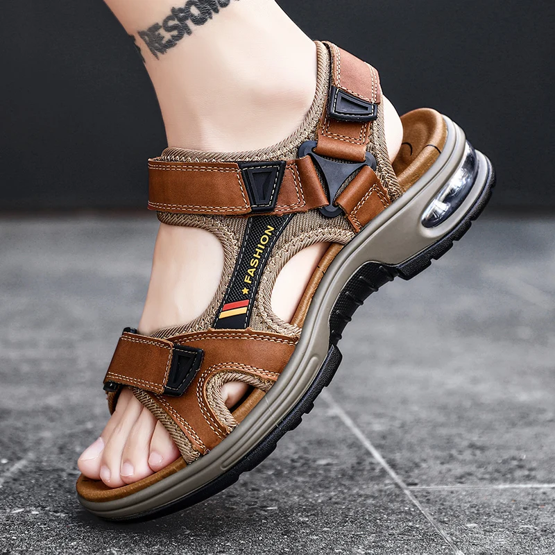 Men handmade leather air cushioned sandals flat sandals fashion men's suitable for beach vacation summer brown non-slip sandals Men handmade leather air cushioned sandals flat sandals fashion men's suitable for beach vacation summer brown non-slip sandals