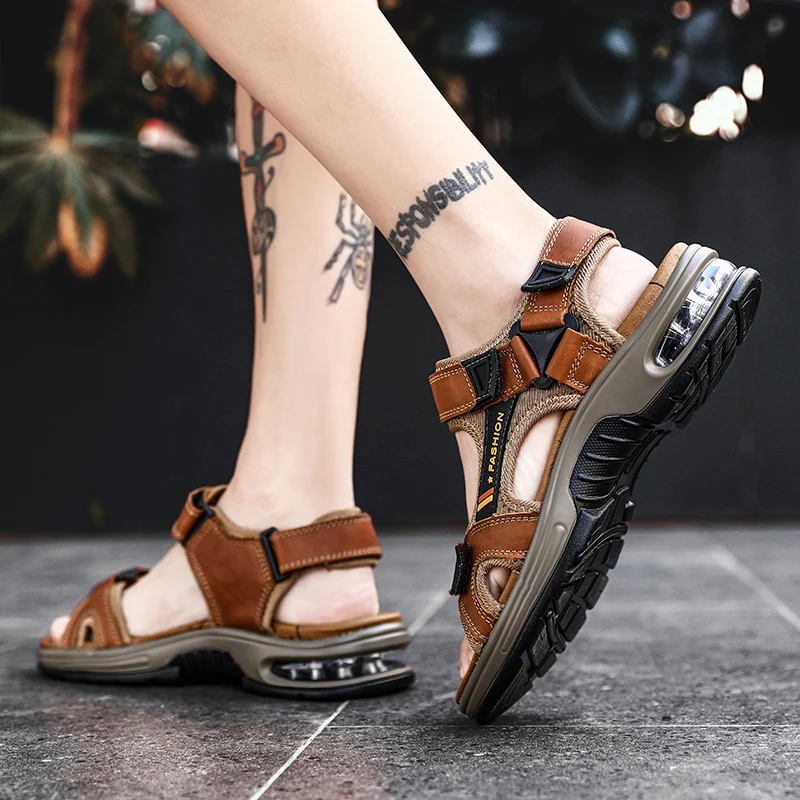 Men handmade leather air cushioned sandals flat sandals fashion men's suitable for beach vacation summer brown non-slip sandals Men handmade leather air cushioned sandals flat sandals fashion men's suitable for beach vacation summer brown non-slip sandals