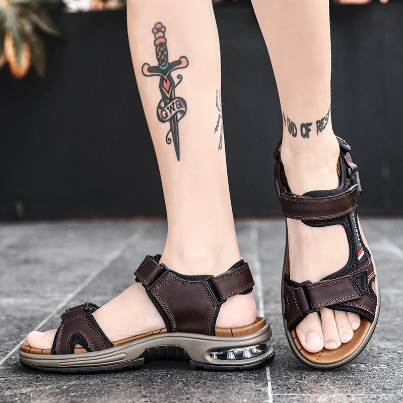 Men handmade leather air cushioned sandals flat sandals fashion men's suitable for beach vacation summer brown non-slip sandals Men handmade leather air cushioned sandals flat sandals fashion men's suitable for beach vacation summer brown non-slip sandals