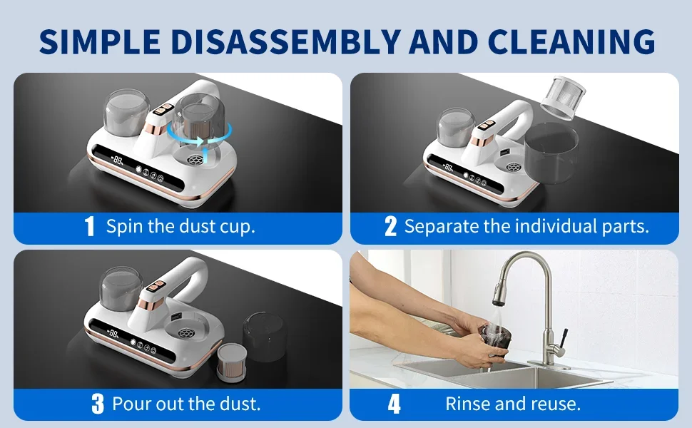 Mattress Bed Vacuum Cleaner Cordless Portable Handheld 16Kpa Powerful Suction UV-C Light & Ultrasonic for Sheet Sofa Cleaning