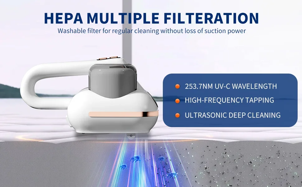 Mattress Bed Vacuum Cleaner Cordless Portable Handheld 16Kpa Powerful Suction UV-C Light & Ultrasonic for Sheet Sofa Cleaning