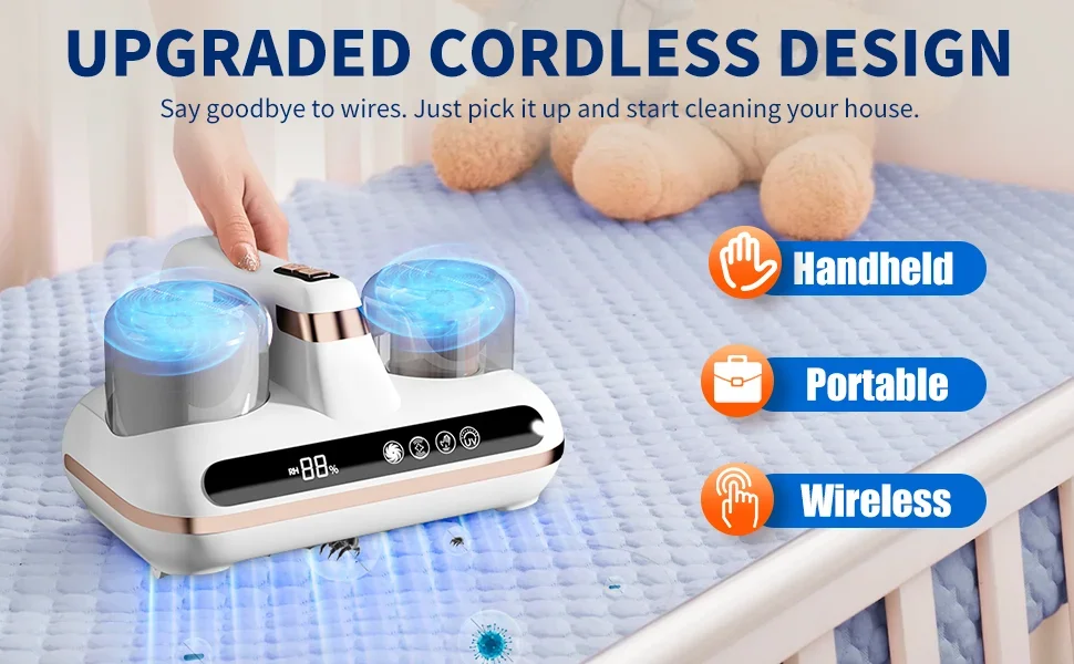 Mattress Bed Vacuum Cleaner Cordless Portable Handheld 16Kpa Powerful Suction UV-C Light & Ultrasonic for Sheet Sofa Cleaning