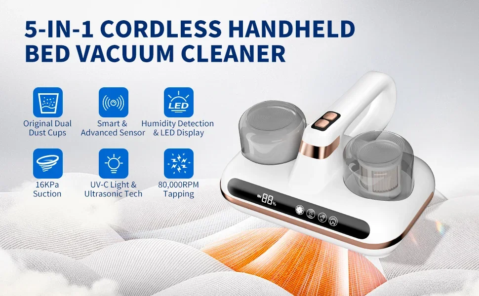 Mattress Bed Vacuum Cleaner Cordless Portable Handheld 16Kpa Powerful Suction UV-C Light & Ultrasonic for Sheet Sofa Cleaning