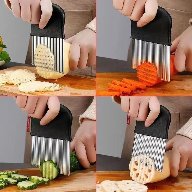 Stainless Steel Potato Chip Slicer Dough Vegetable Fruit Crinkle Wavy Kitchen Knife Cutter Chopper French Fry Maker Tools Gadget Stainless Steel Potato Chip Slicer Dough Vegetable Fruit Crinkle Wavy Kitchen Knife Cutter Chopper French Fry Maker Tools Gadget
