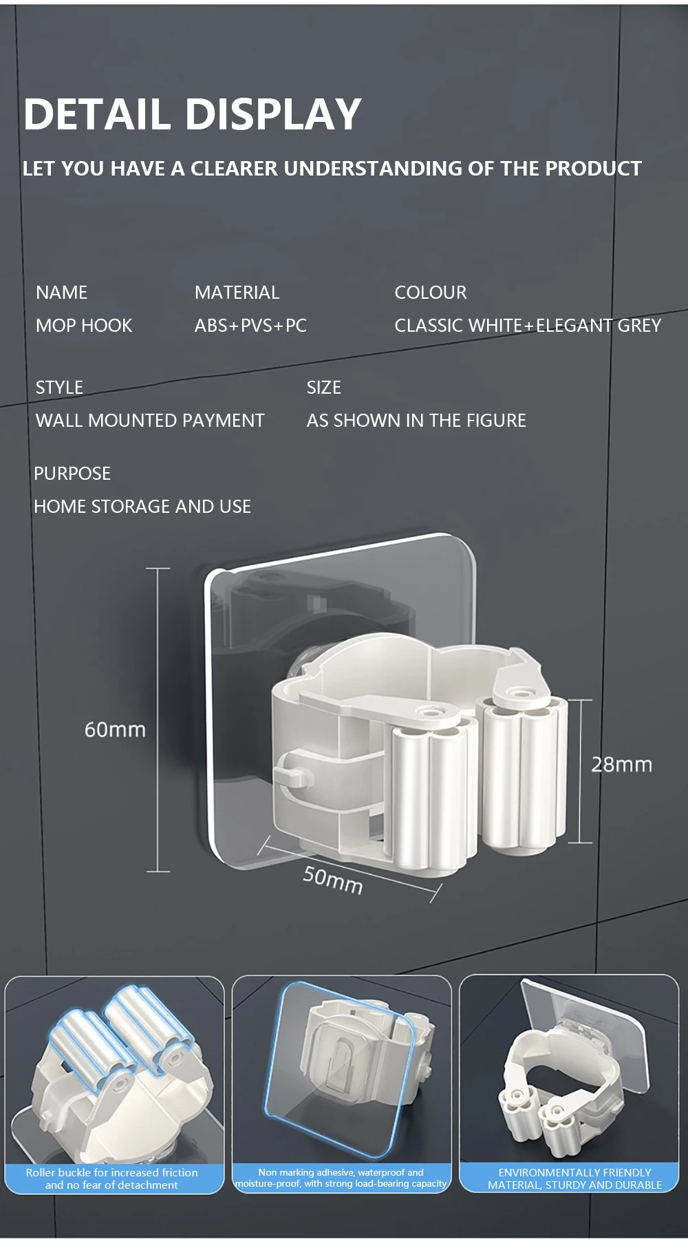 Mop Holder Storage Rack Bathroom Suction Hanging Pipe Traceless Mop Clip Broom Hanger Wall-Mounted Waterproof Mop Rack White