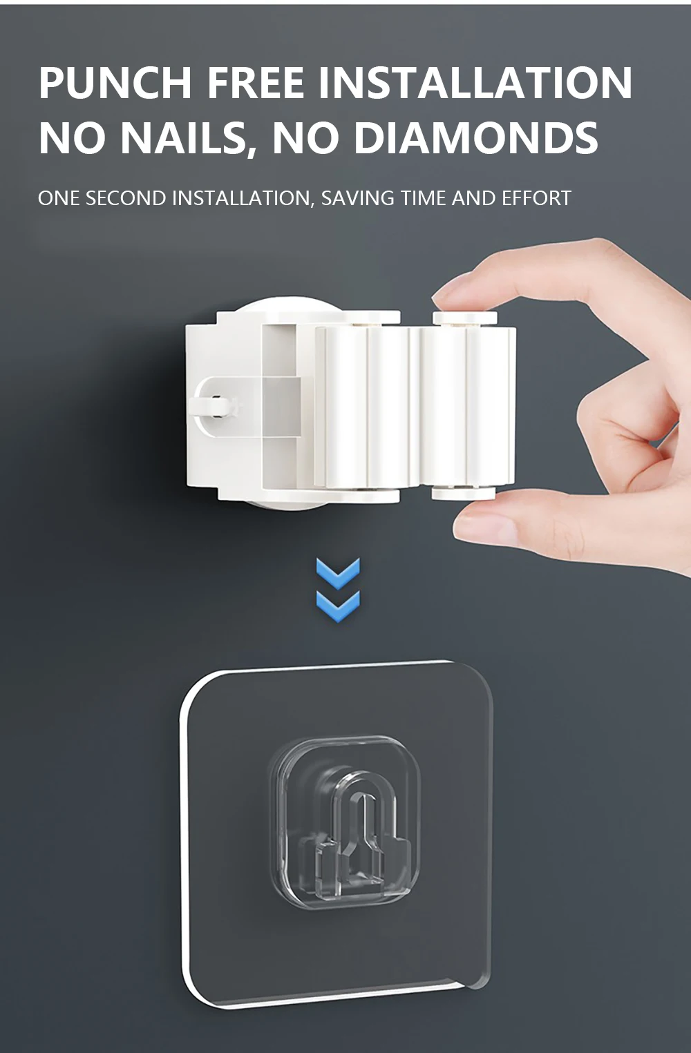 Mop Holder Storage Rack Bathroom Suction Hanging Pipe Traceless Mop Clip Broom Hanger Wall-Mounted Waterproof Mop Rack White