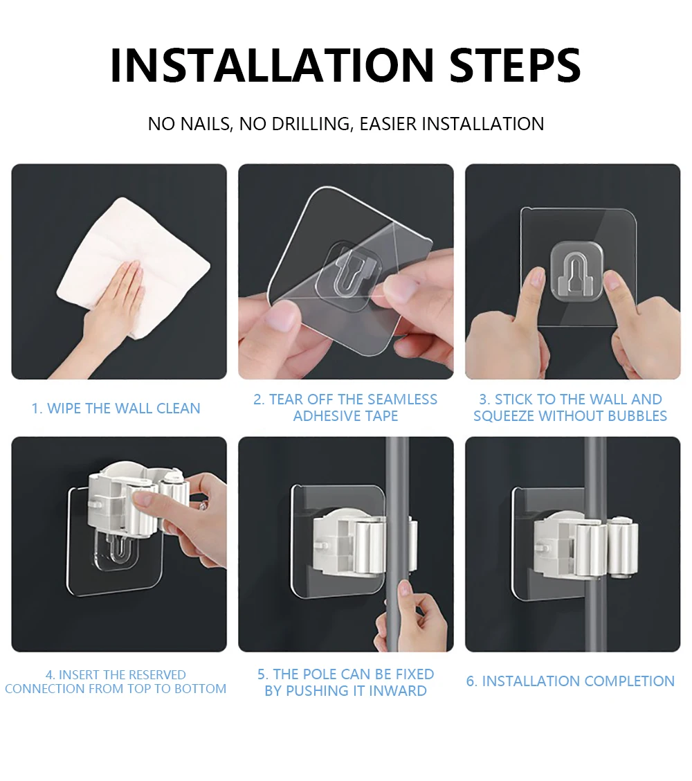 Mop Holder Storage Rack Bathroom Suction Hanging Pipe Traceless Mop Clip Broom Hanger Wall-Mounted Waterproof Mop Rack White