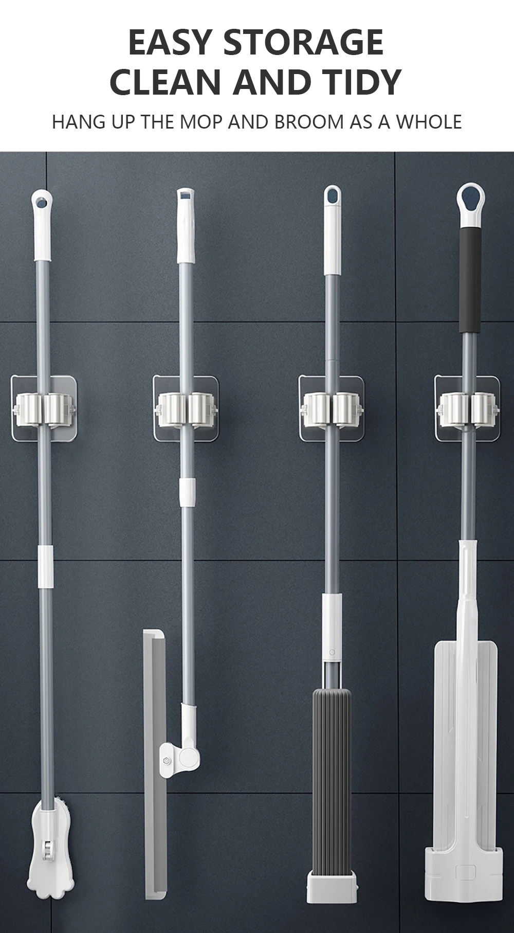 Mop Holder Storage Rack Bathroom Suction Hanging Pipe Traceless Mop Clip Broom Hanger Wall-Mounted Waterproof Mop Rack White