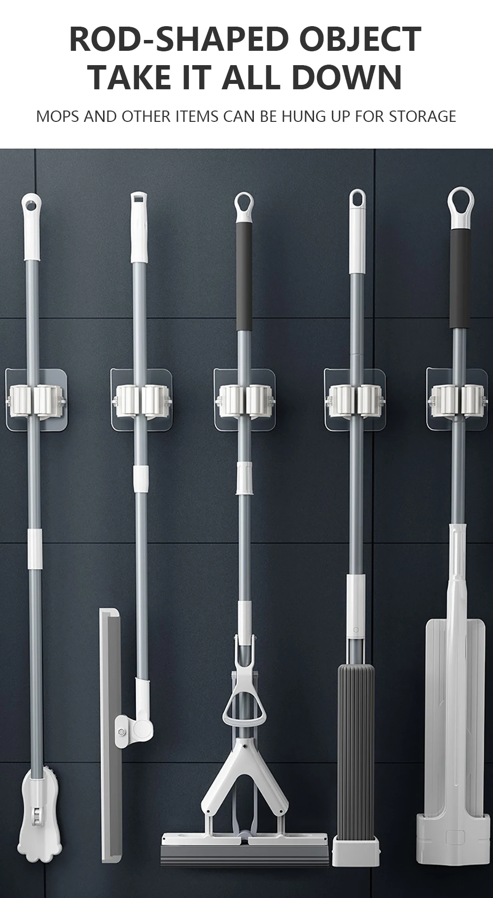 Mop Holder Storage Rack Bathroom Suction Hanging Pipe Traceless Mop Clip Broom Hanger Wall-Mounted Waterproof Mop Rack White