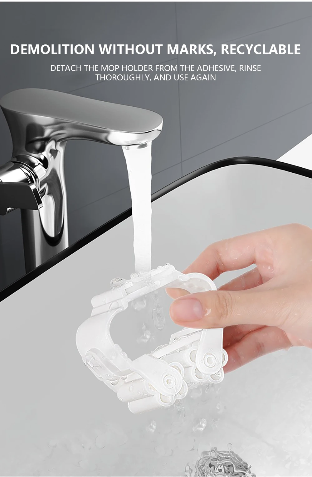 Mop Holder Storage Rack Bathroom Suction Hanging Pipe Traceless Mop Clip Broom Hanger Wall-Mounted Waterproof Mop Rack White