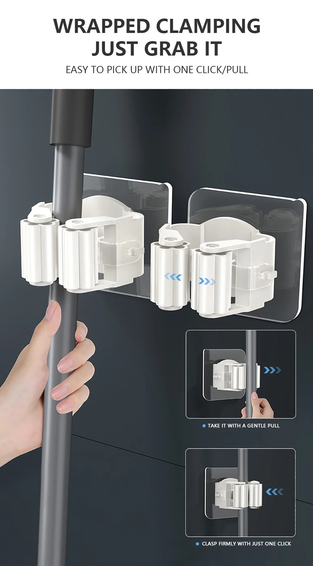 Mop Holder Storage Rack Bathroom Suction Hanging Pipe Traceless Mop Clip Broom Hanger Wall-Mounted Waterproof Mop Rack White