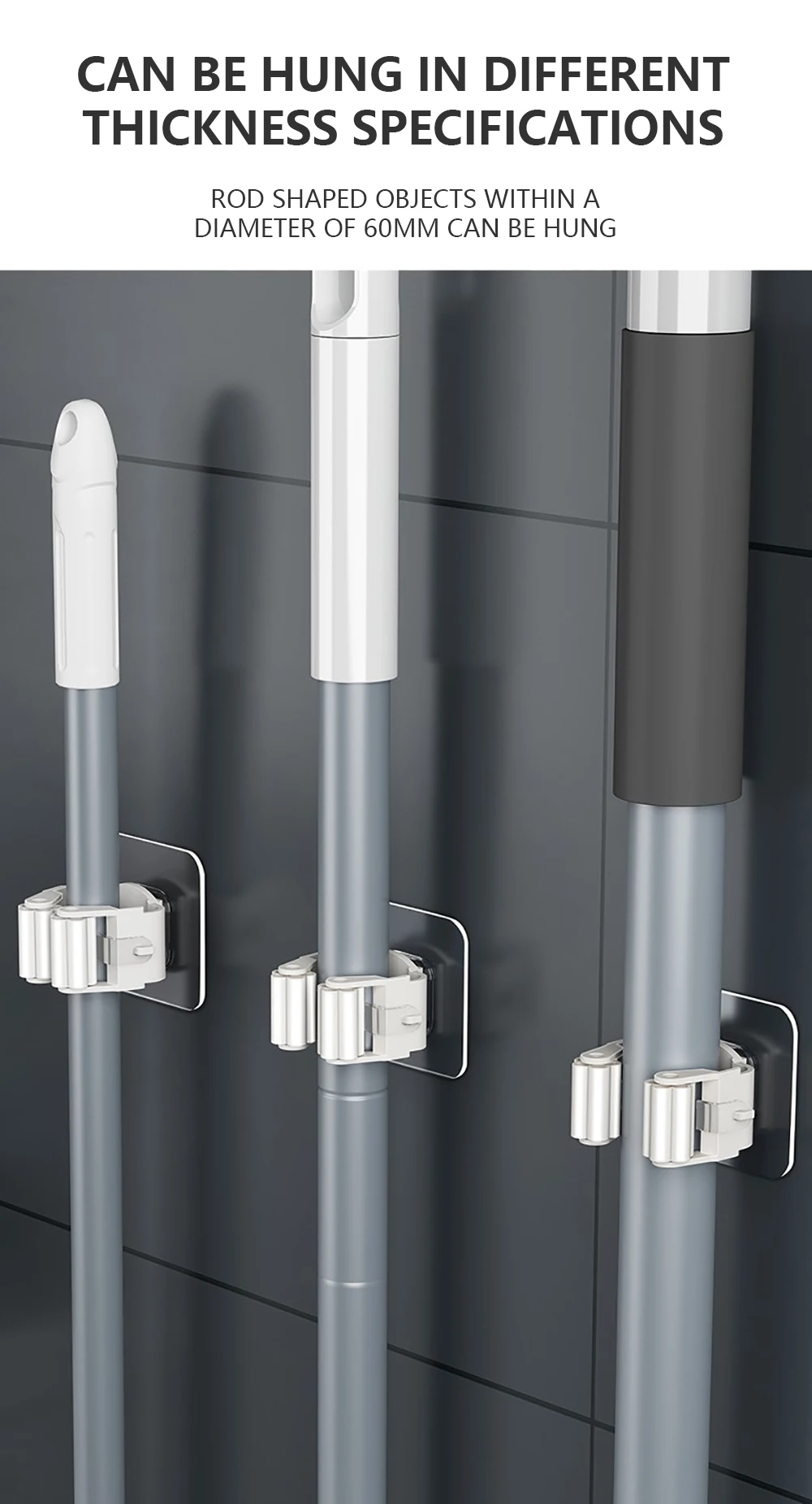 Mop Holder Storage Rack Bathroom Suction Hanging Pipe Traceless Mop Clip Broom Hanger Wall-Mounted Waterproof Mop Rack White