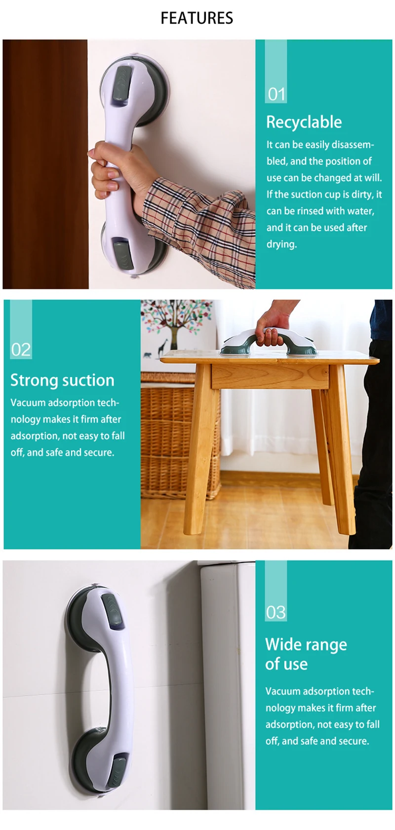 New Bathroom Non-perforated Non-slip Large Suction Cup Armrest Free Punching Seamless Glass Sliding Door Suction Cup Handle